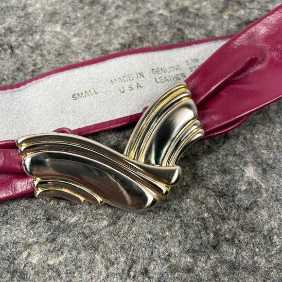 VTG 80's Liz Claiborne Deep Magenta Leather Belt w/ Gold Tone Buckle SM USA - Picture 2 of 15